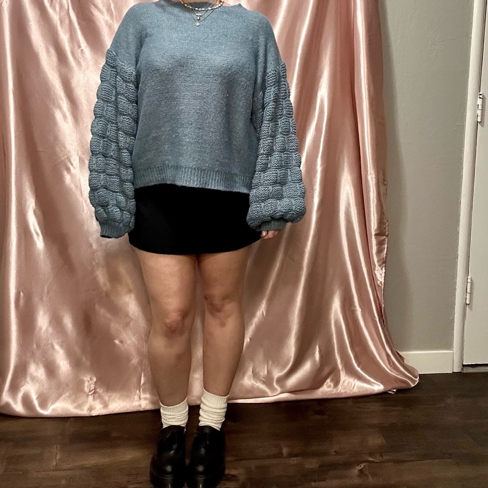 Blue Crew Neck Sweater with Textured Sleeves